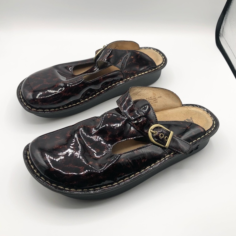 Alegria Brown Patent Leather Animal Print Slip On Comfort Clog Mule - Size 10.5